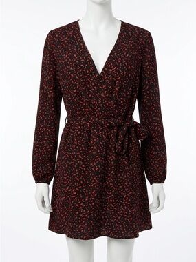 Dynamite Abstract Black Wrap Belt Mini Dress Red Print V-Neck Long sleeves - M